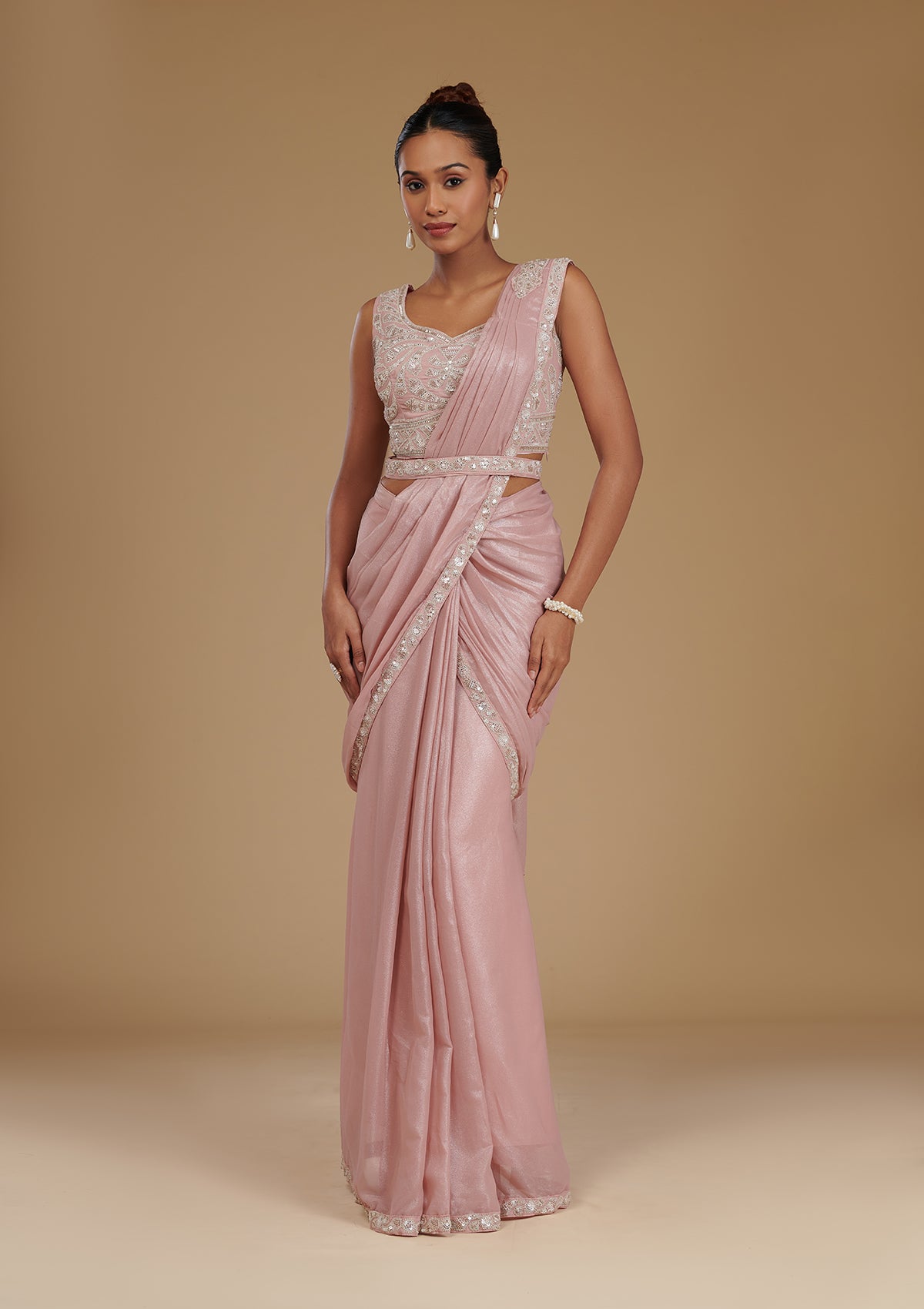 Peach Sequins Chiffon Readymade  Saree-Koskii