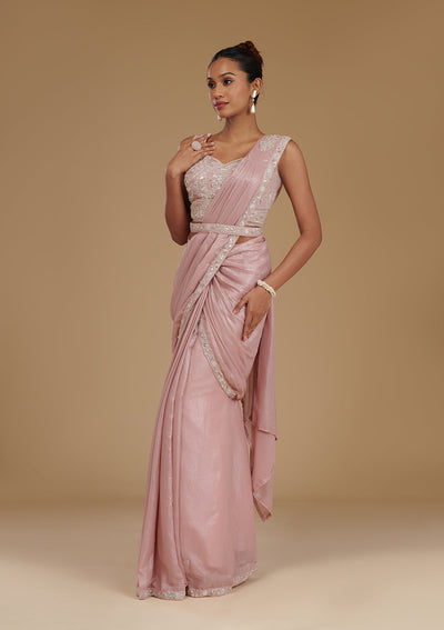 Peach Sequins Chiffon Readymade  Saree-Koskii