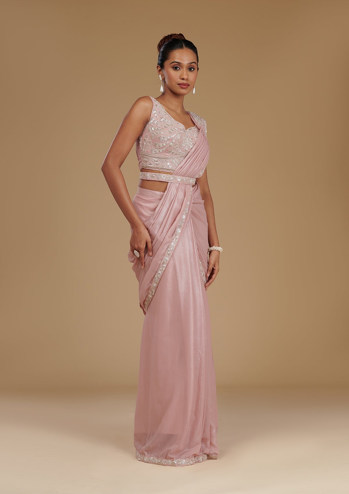 Peach Sequins Chiffon Readymade  Saree-Koskii