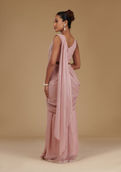 Peach Sequins Chiffon Readymade  Saree-Koskii