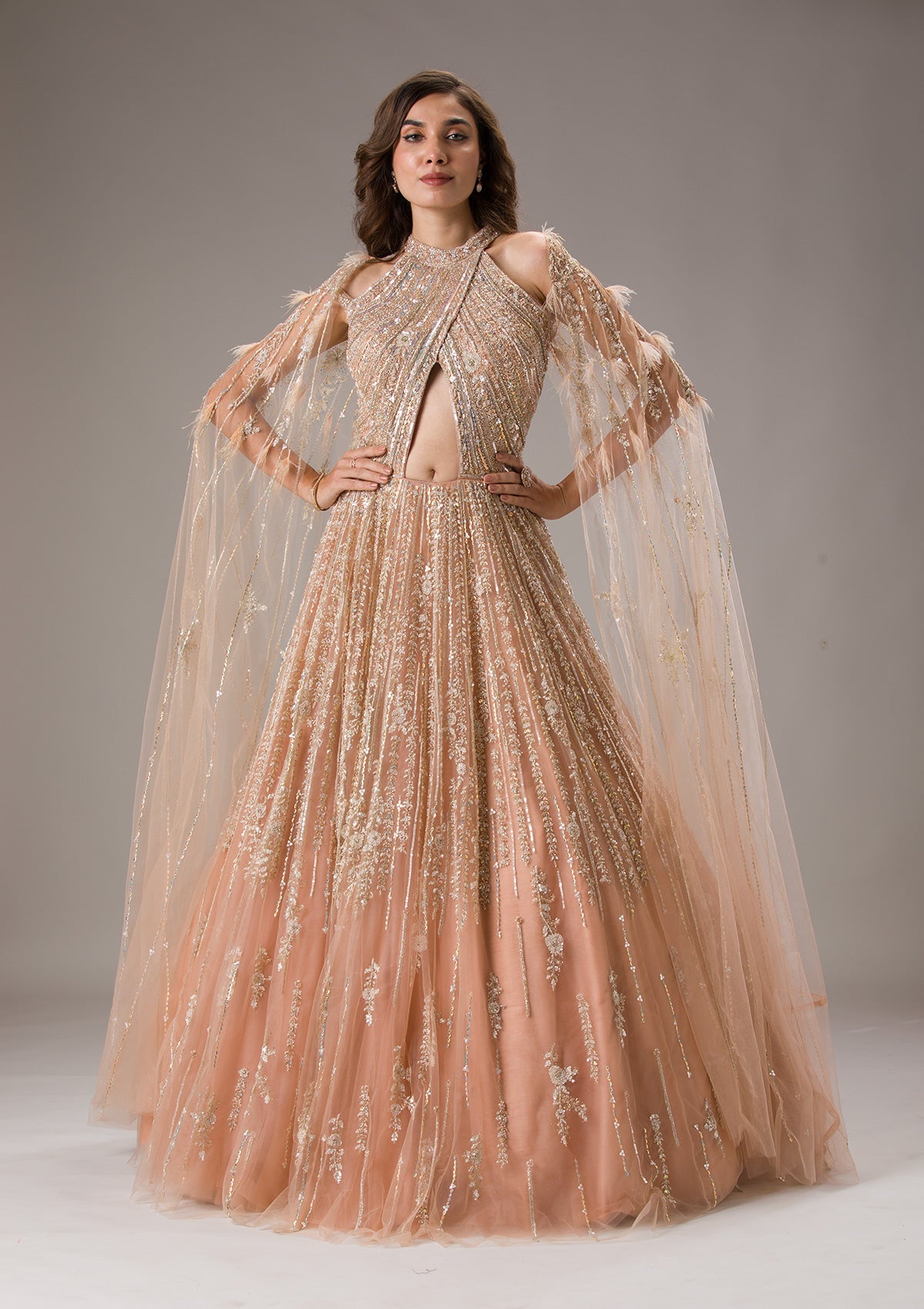 Peach Sequins Net Gown-Koskii