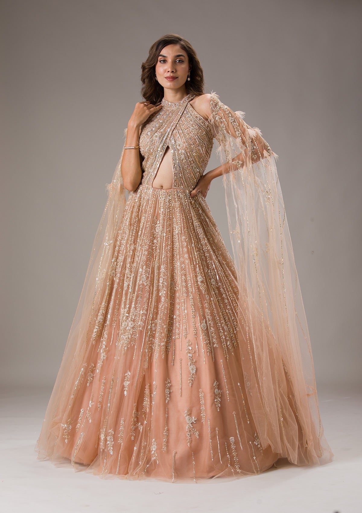 Peach Sequins Net Gown-Koskii