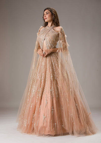 Peach Sequins Net Gown-Koskii