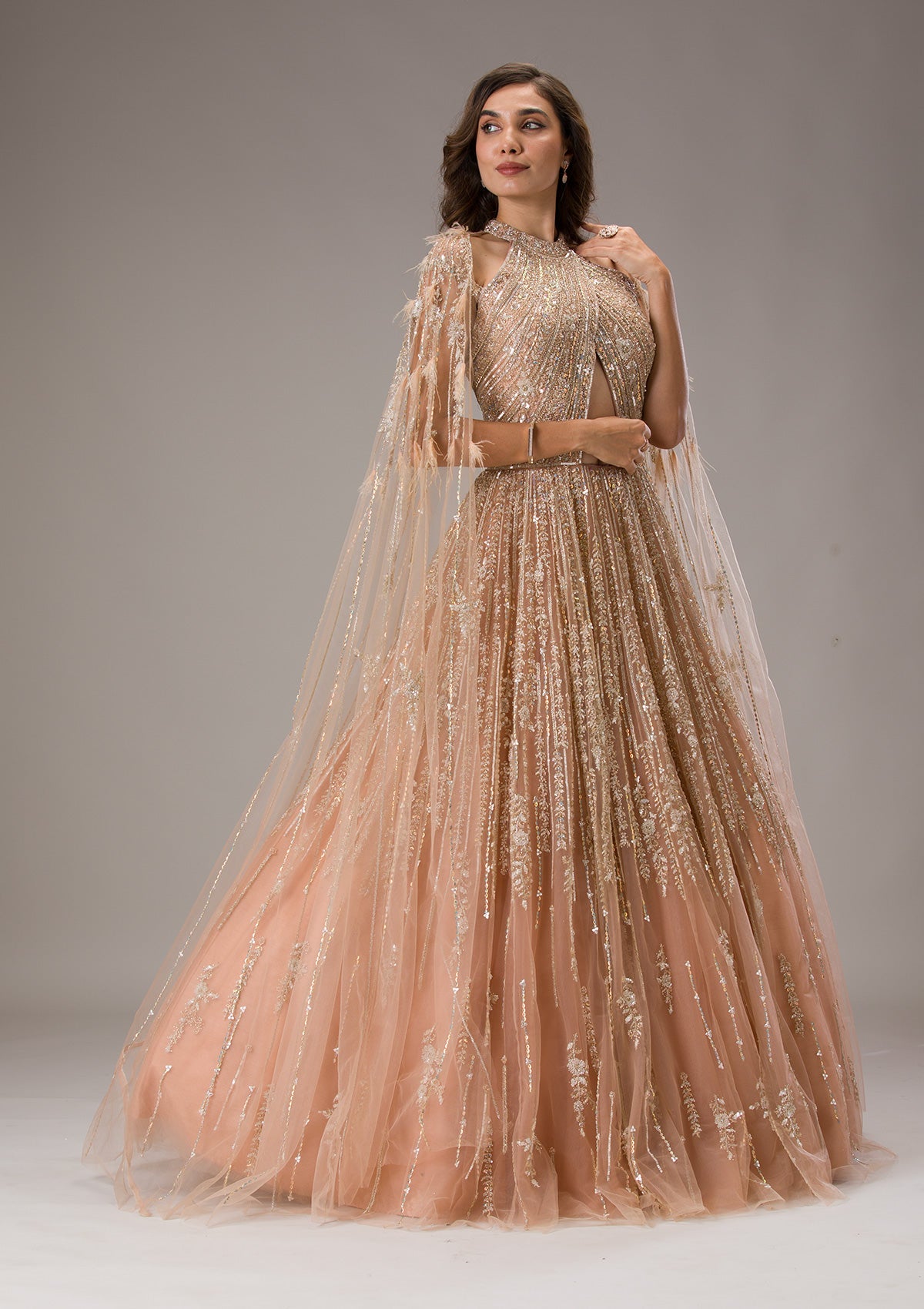 Peach Sequins Net Gown-Koskii