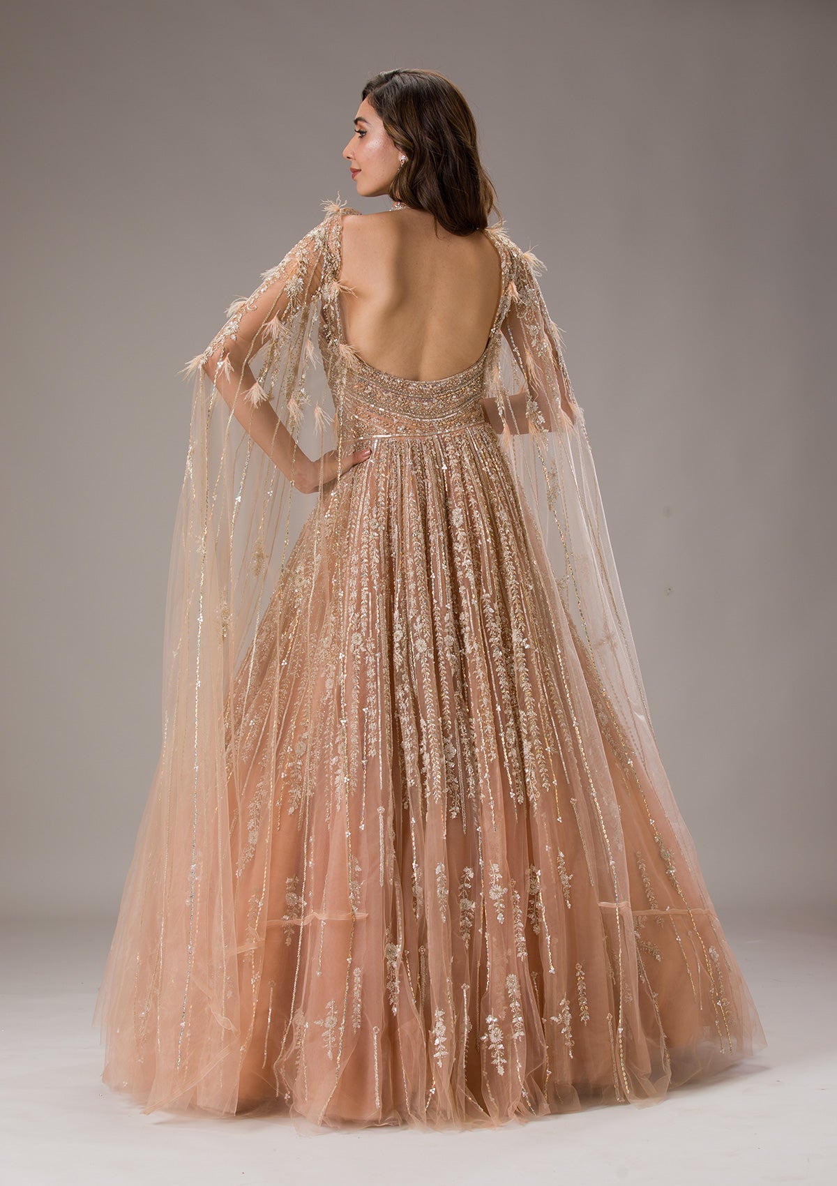 Peach Sequins Net Gown-Koskii