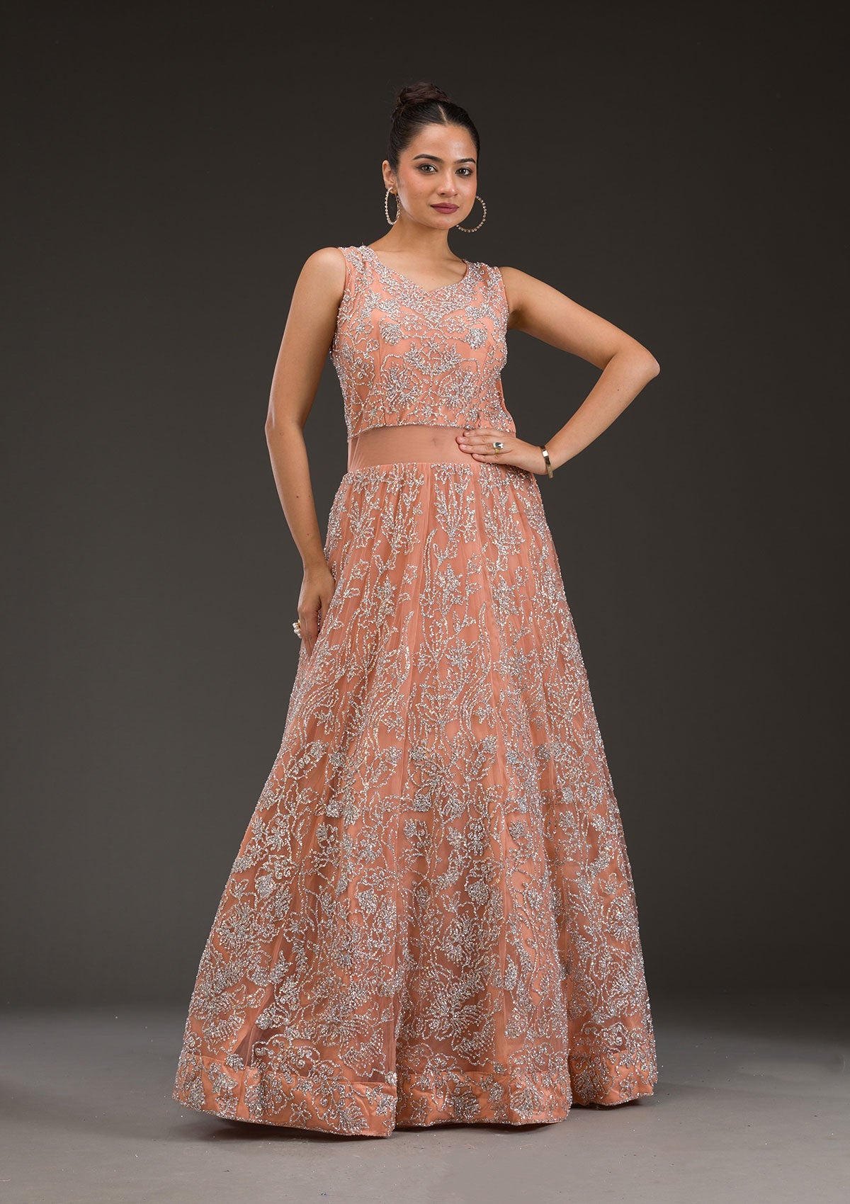 Peach Sequins Net Gown-Koskii