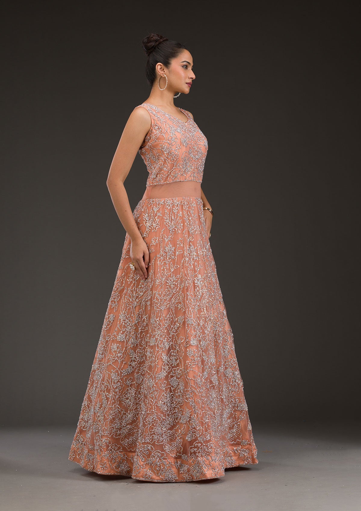 Peach Sequins Net Gown-Koskii