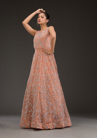 Peach Sequins Net Gown-Koskii