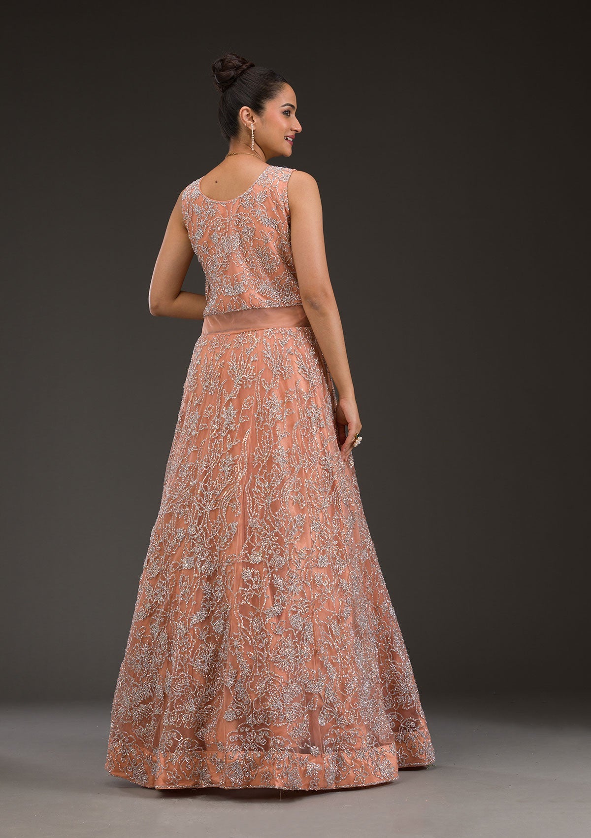 Peach Sequins Net Gown-Koskii