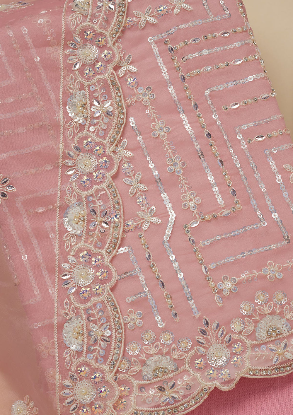Peach Sequins Organza Unstitched Salwar Suit-Koskii