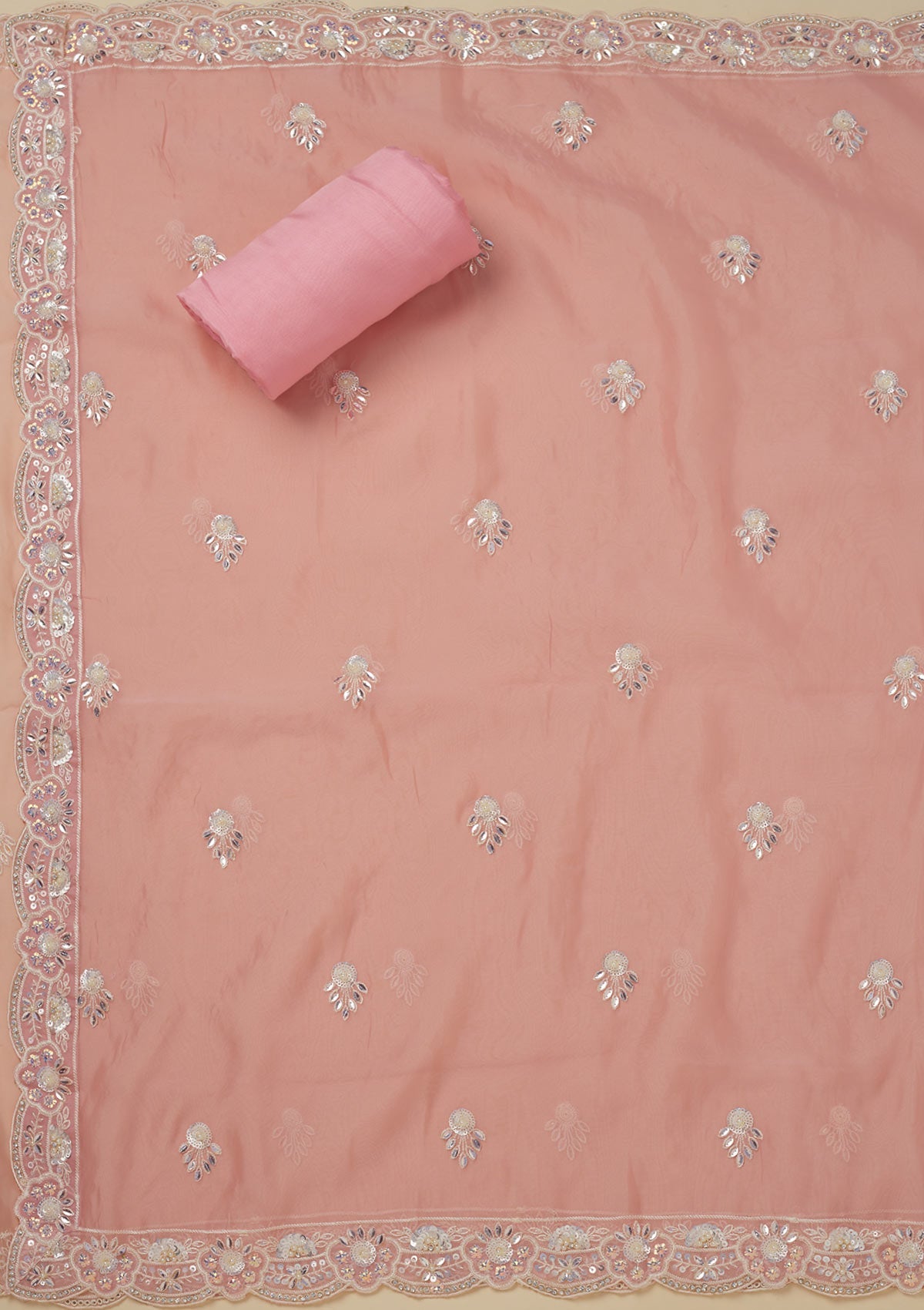 Peach Sequins Organza Unstitched Salwar Suit-Koskii