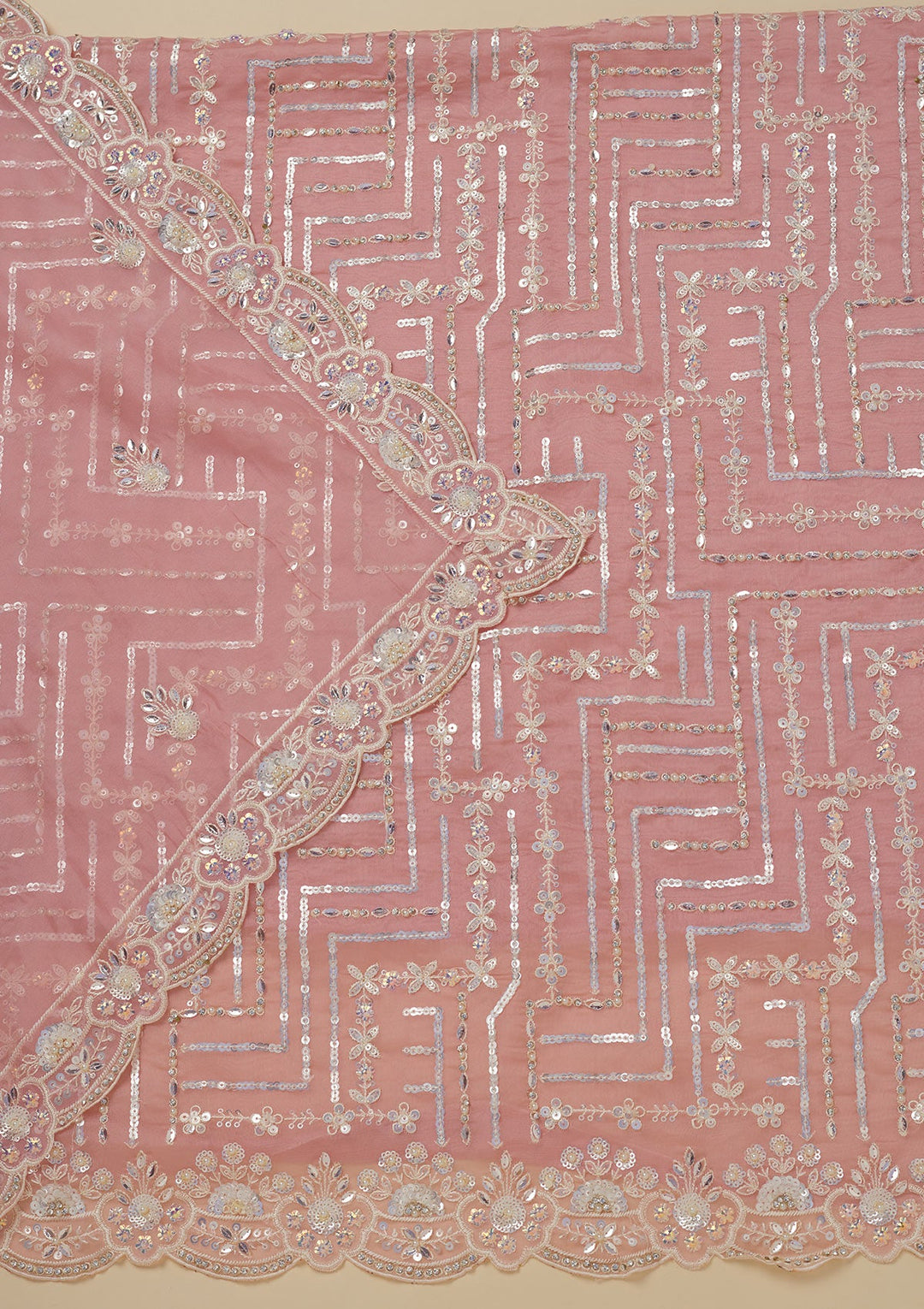 Peach Sequins Organza Unstitched Salwar Suit-Koskii