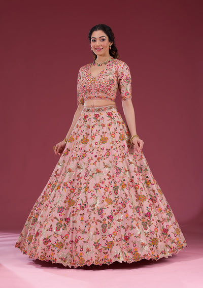 Peach Sequins Raw Silk Readymade Lehenga-Koskii