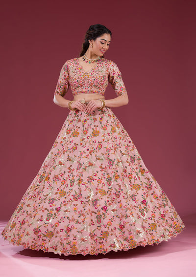 Peach Sequins Raw Silk Readymade Lehenga-Koskii