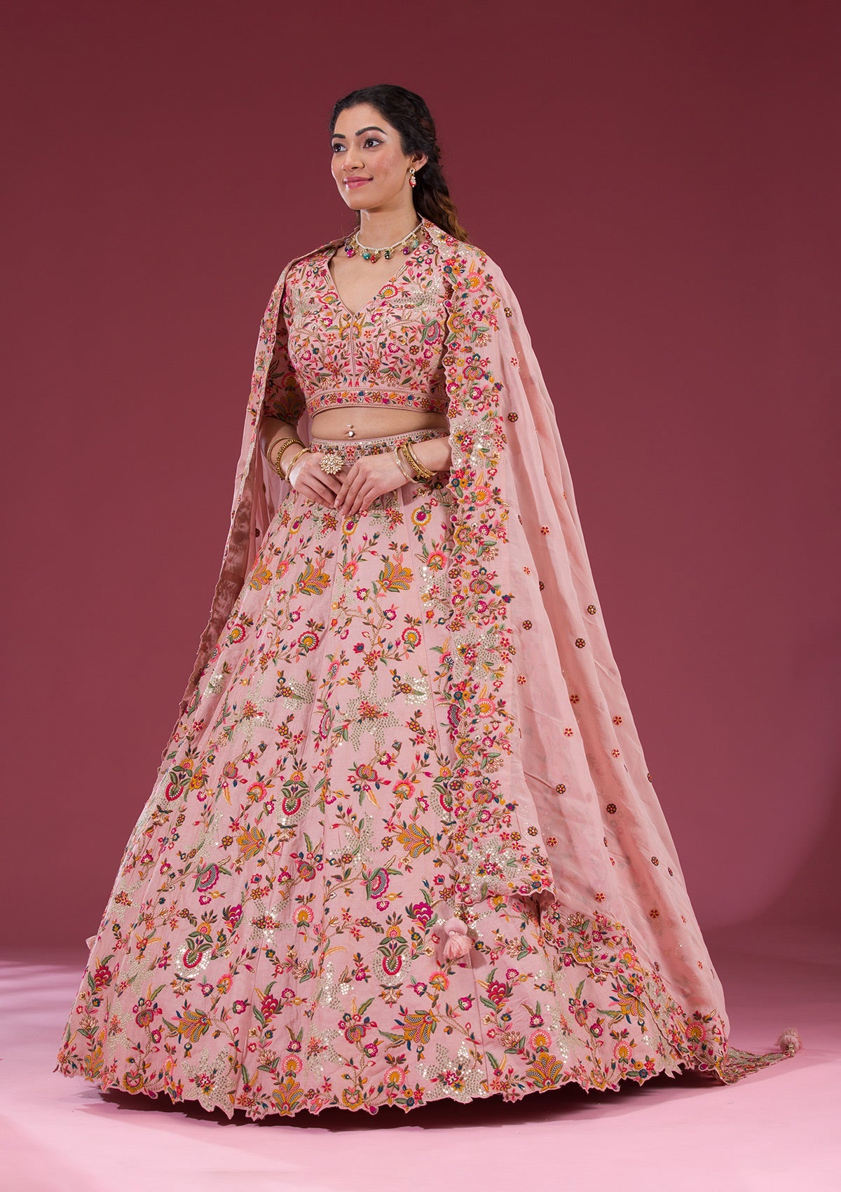 Peach Sequins Raw Silk Readymade Lehenga-Koskii