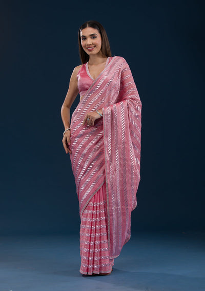 Peach Sequins Semi Crepe Saree-Koskii