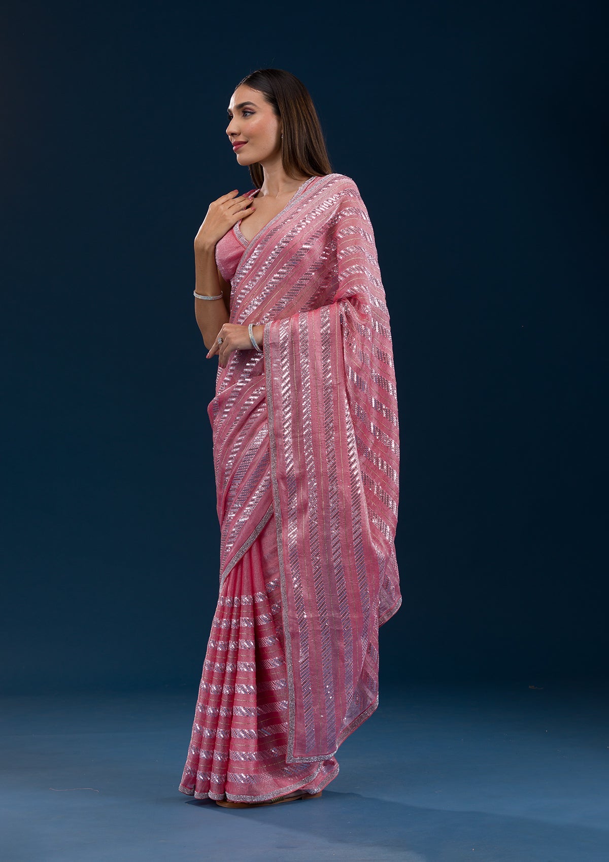 Peach Sequins Semi Crepe Saree-Koskii