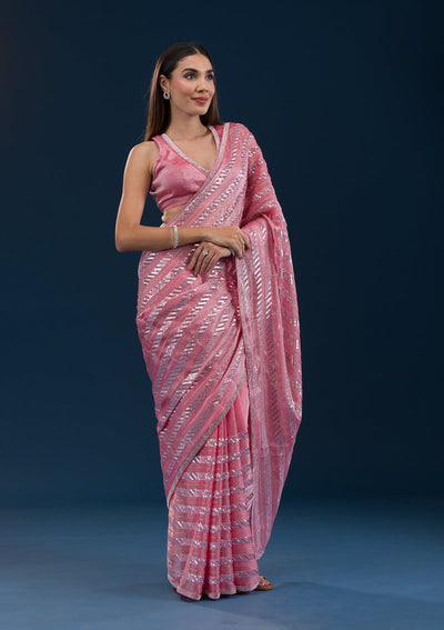 Peach Sequins Semi Crepe Saree-Koskii