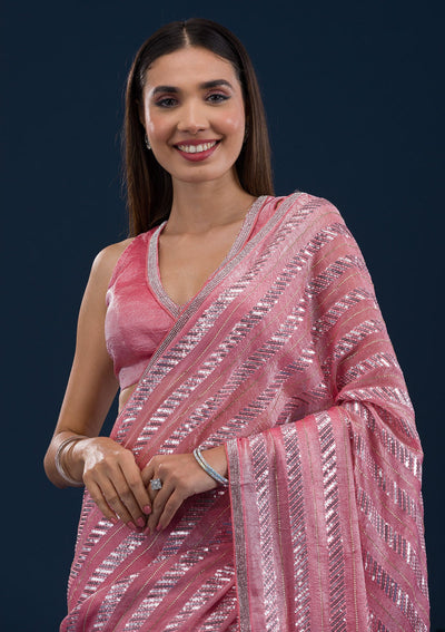 Peach Sequins Semi Crepe Saree-Koskii