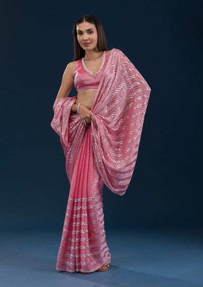 Peach Sequins Semi Crepe Saree-Koskii