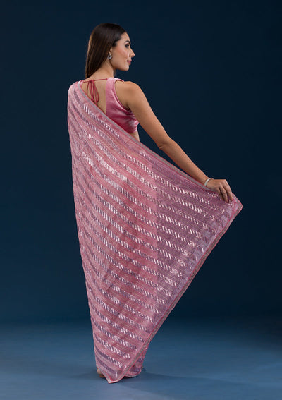 Peach Sequins Semi Crepe Saree-Koskii