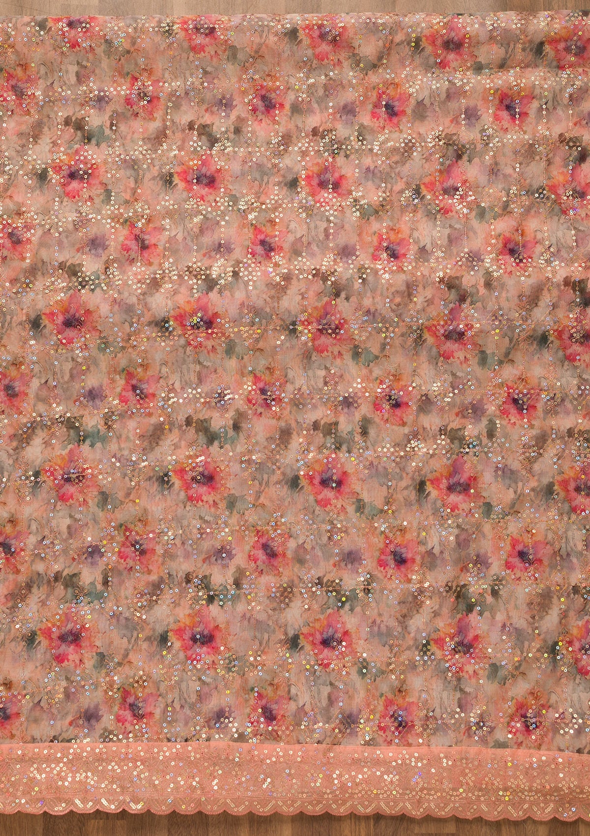 Peach Sequins Tissue Unstitched Salwar Suit-Koskii