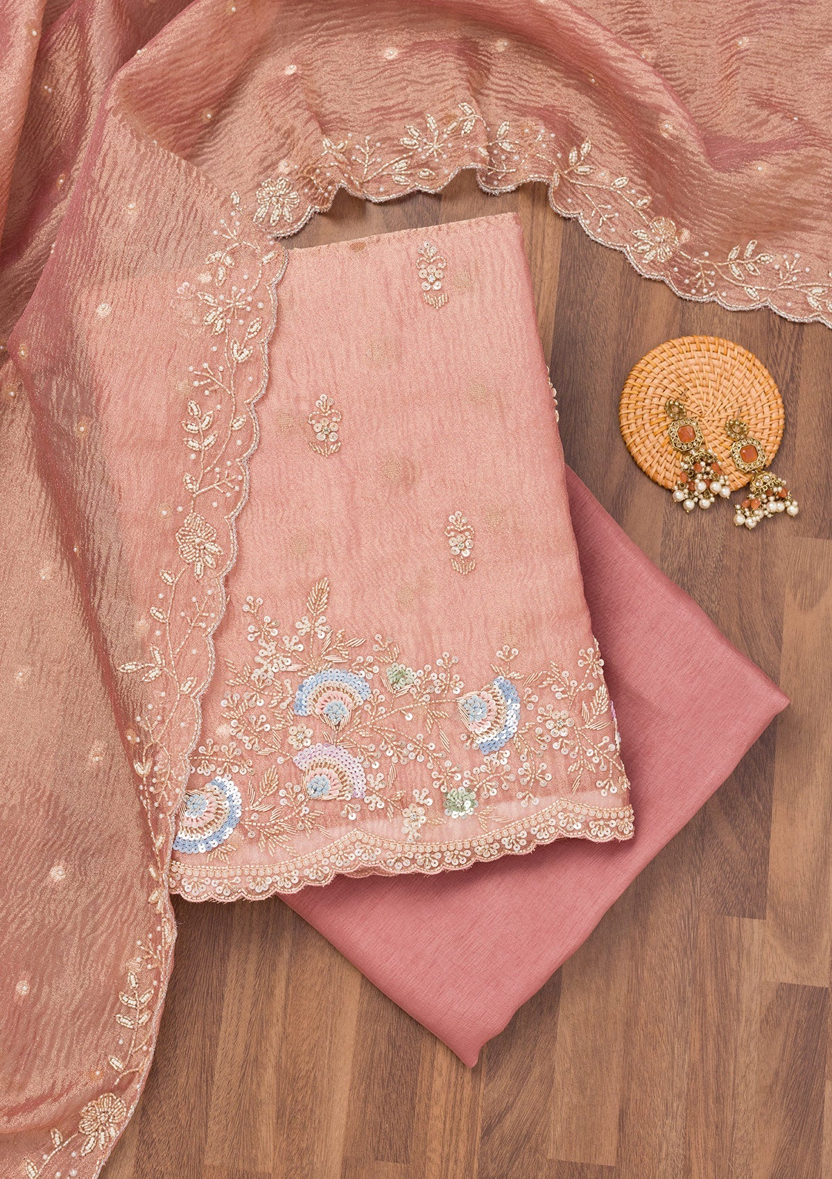 Peach Sequins Tissue Unstitched Salwar Suit-Koskii