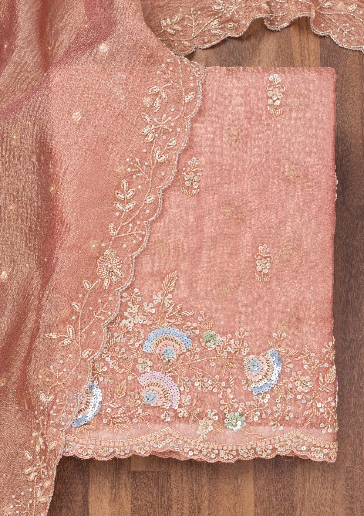 Peach Sequins Tissue Unstitched Salwar Suit-Koskii