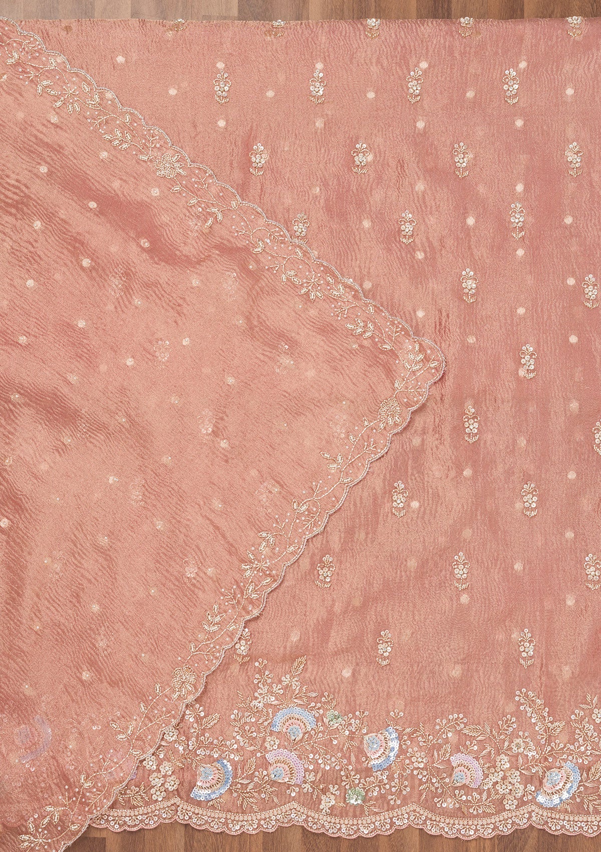 Peach Sequins Tissue Unstitched Salwar Suit-Koskii