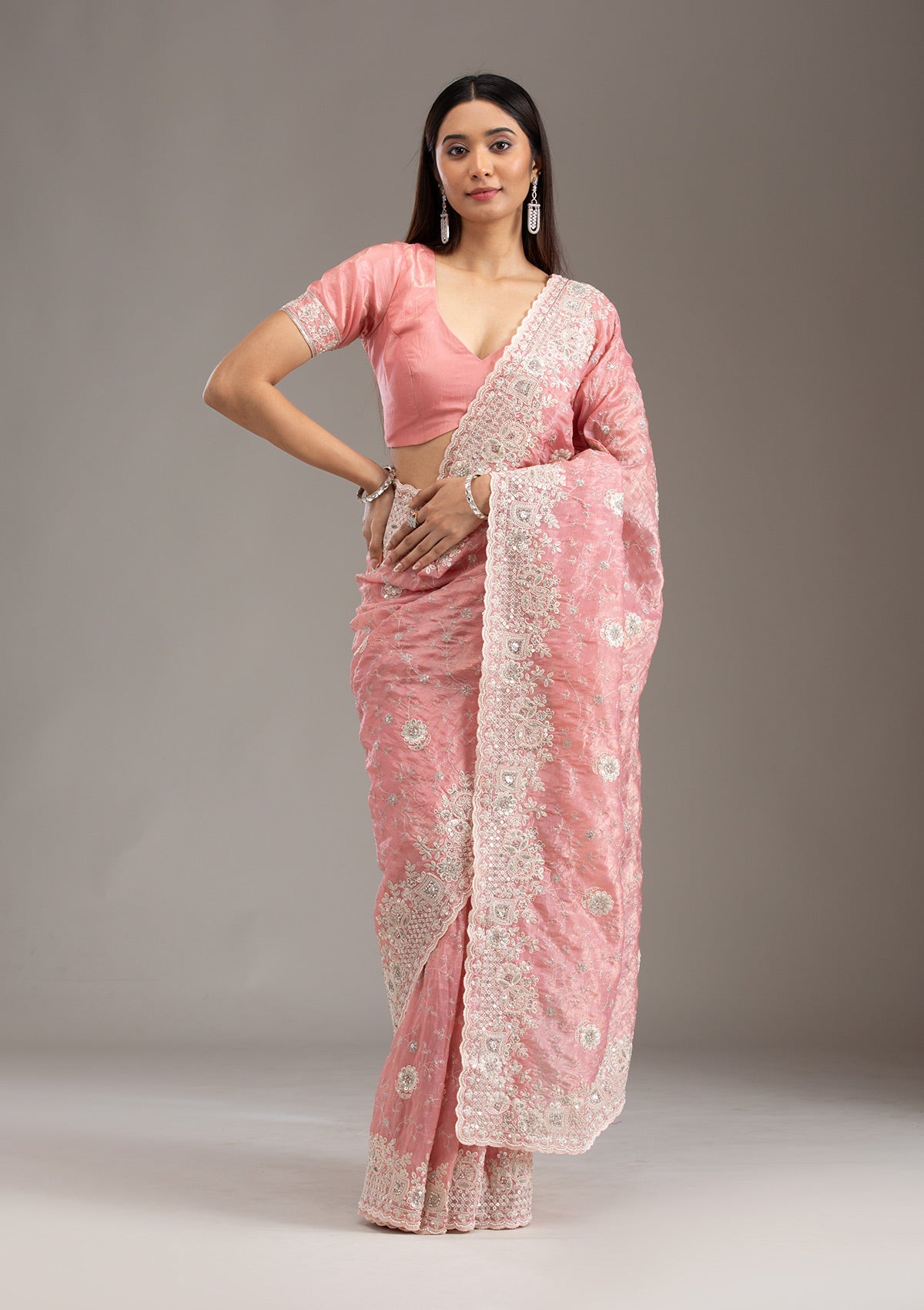 Peach Sequins Tissue Saree-Koskii