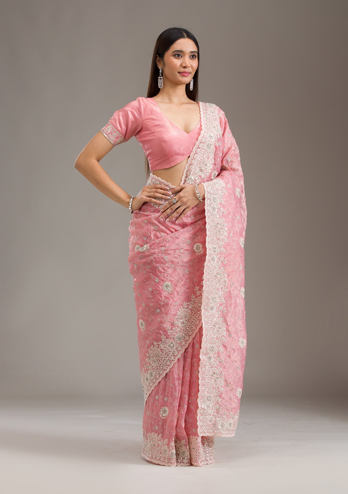 Peach Sequins Tissue Saree-Koskii