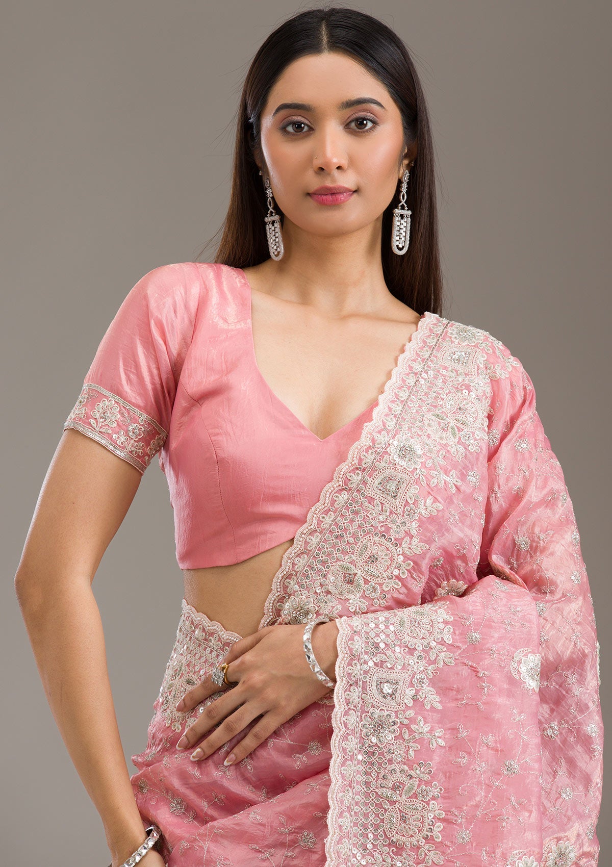 Peach Sequins Tissue Saree-Koskii