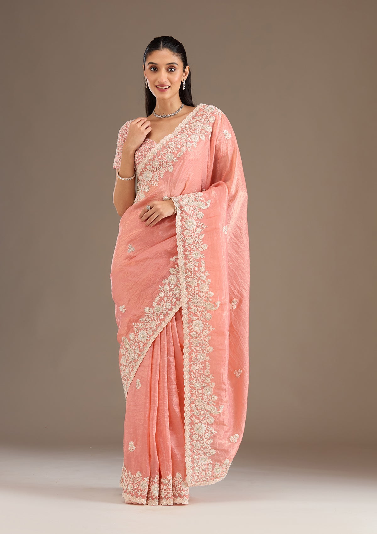 Peach Sequins Tissue Saree-Koskii