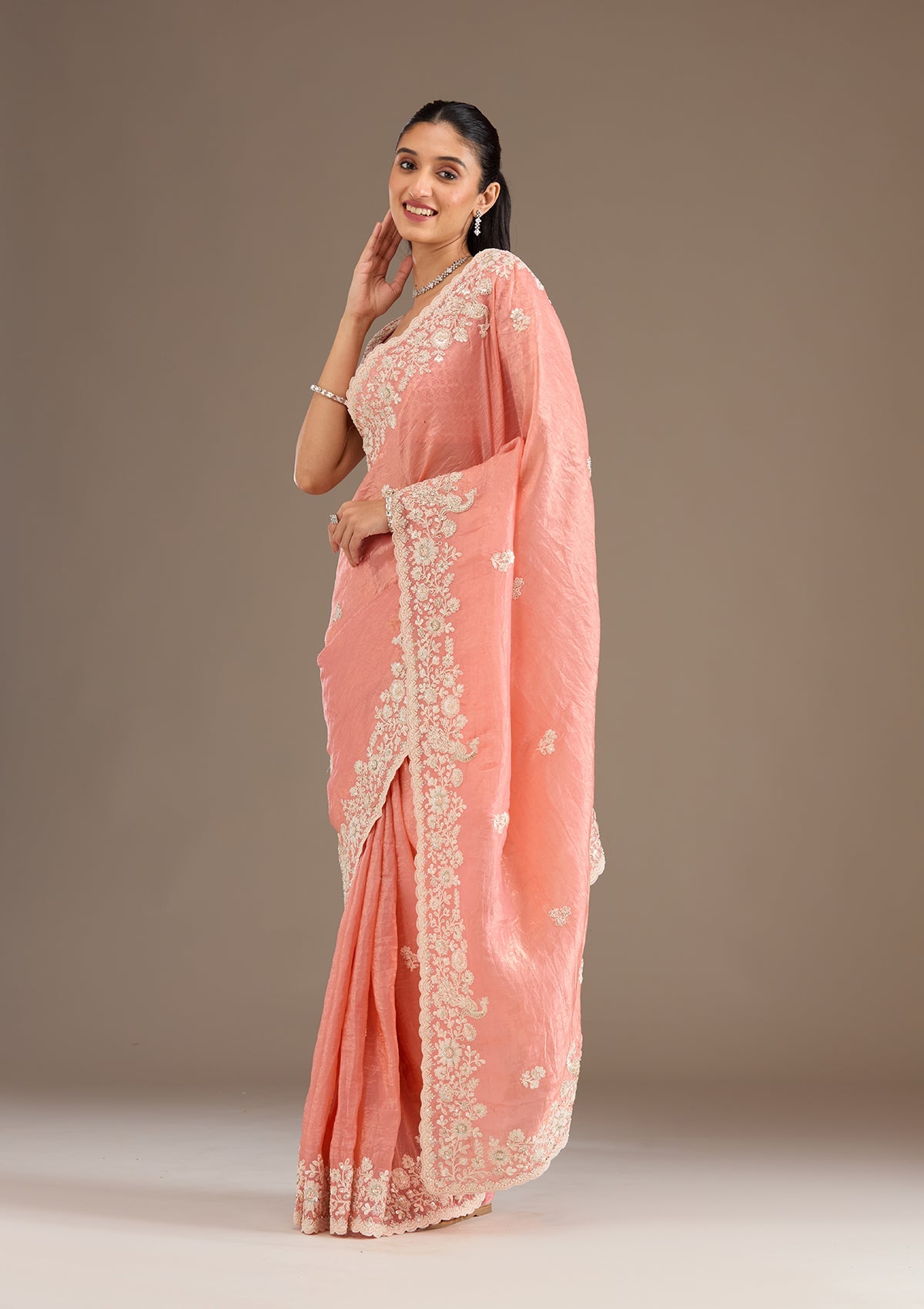 Peach Sequins Tissue Saree-Koskii