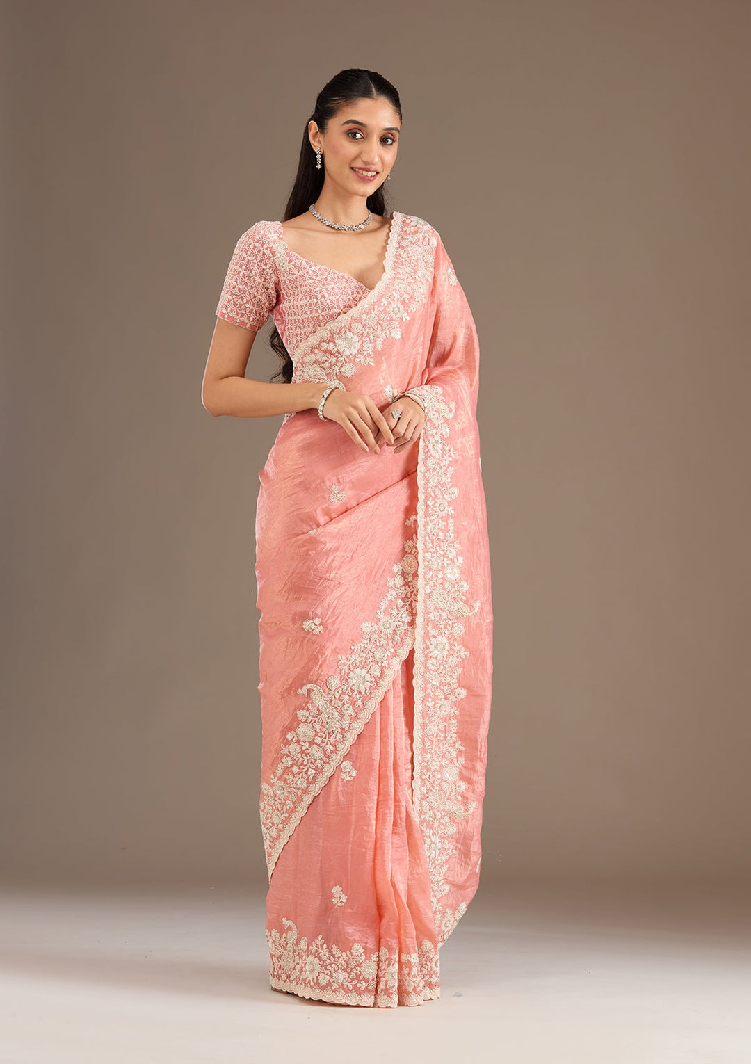 Peach Sequins Tissue Saree-Koskii