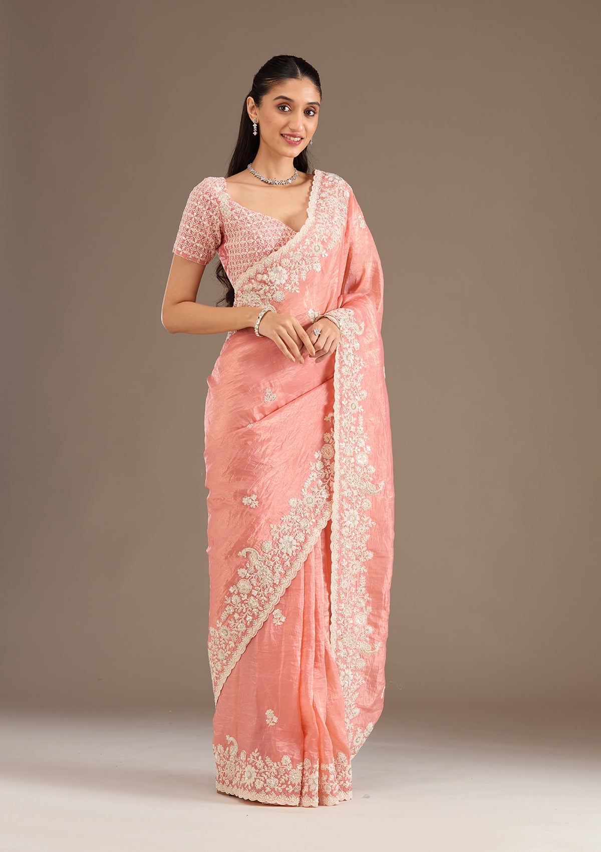 Peach Sequins Tissue Saree-Koskii