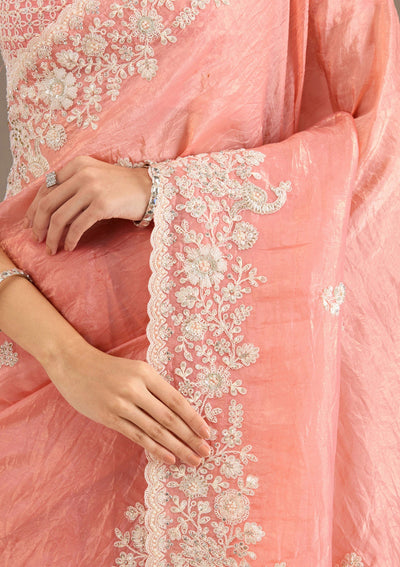 Peach Sequins Tissue Saree-Koskii