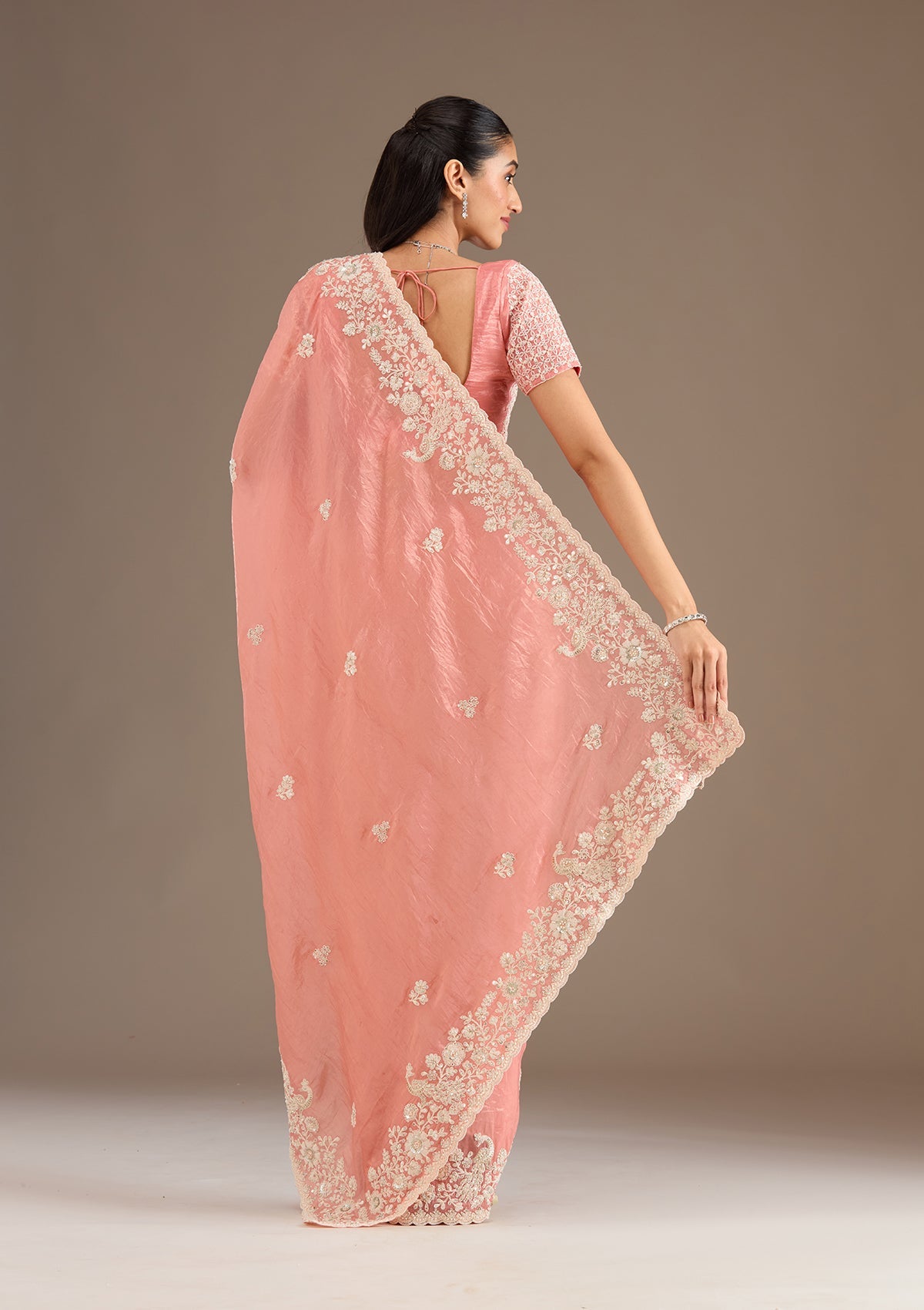 Peach Sequins Tissue Saree-Koskii