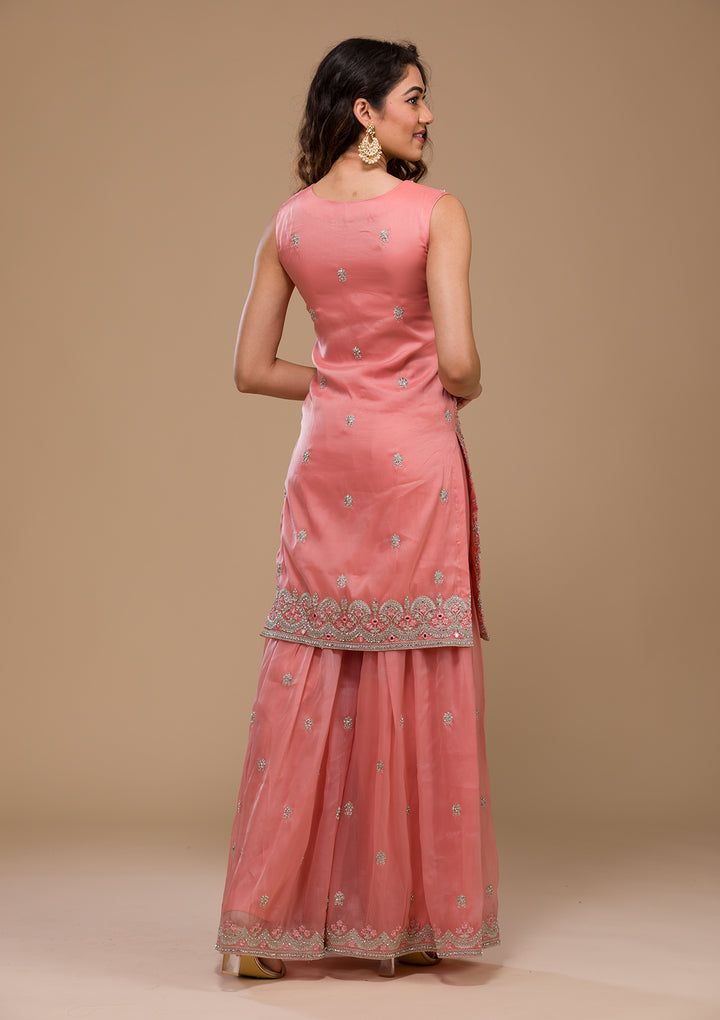 Peach Stonework Tissue Readymade Salwar Kameez-Koskii