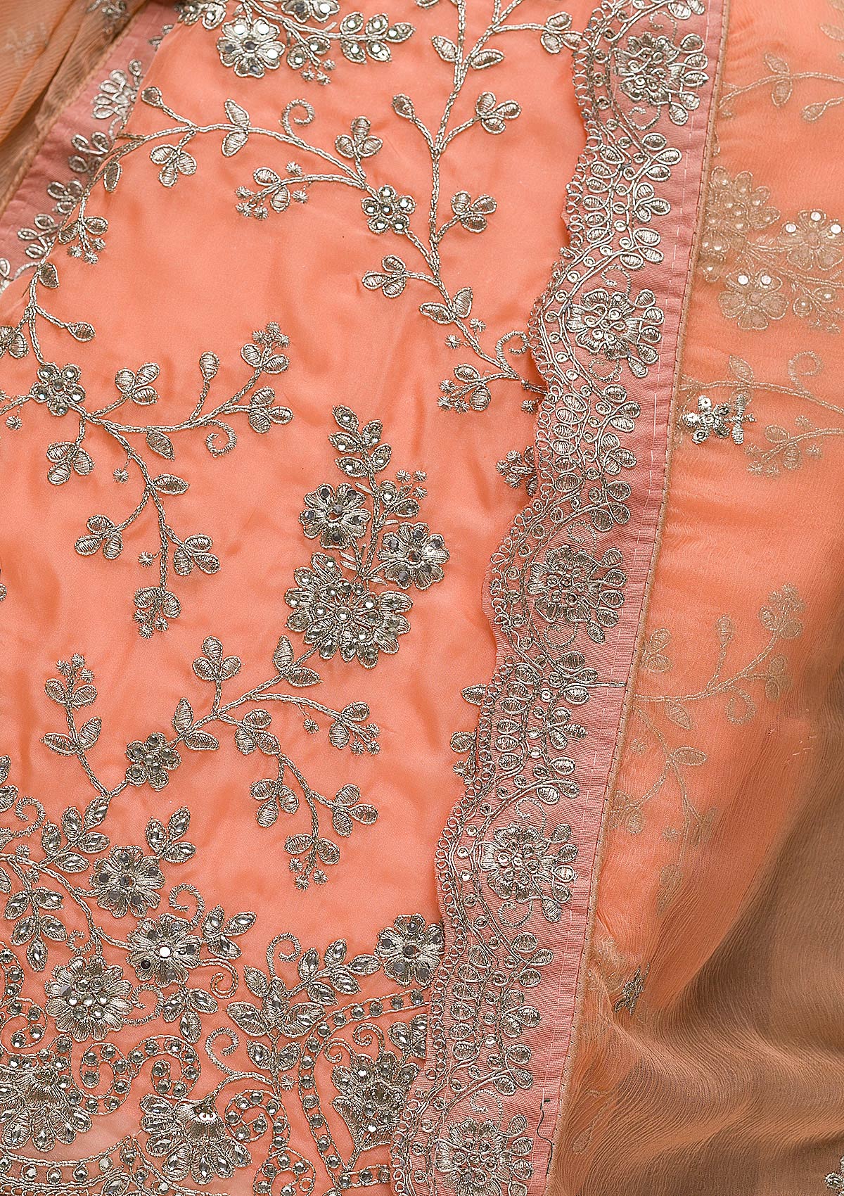 Peach Silver Zariwork Tissue Unstitched Salwar Suit-Koskii