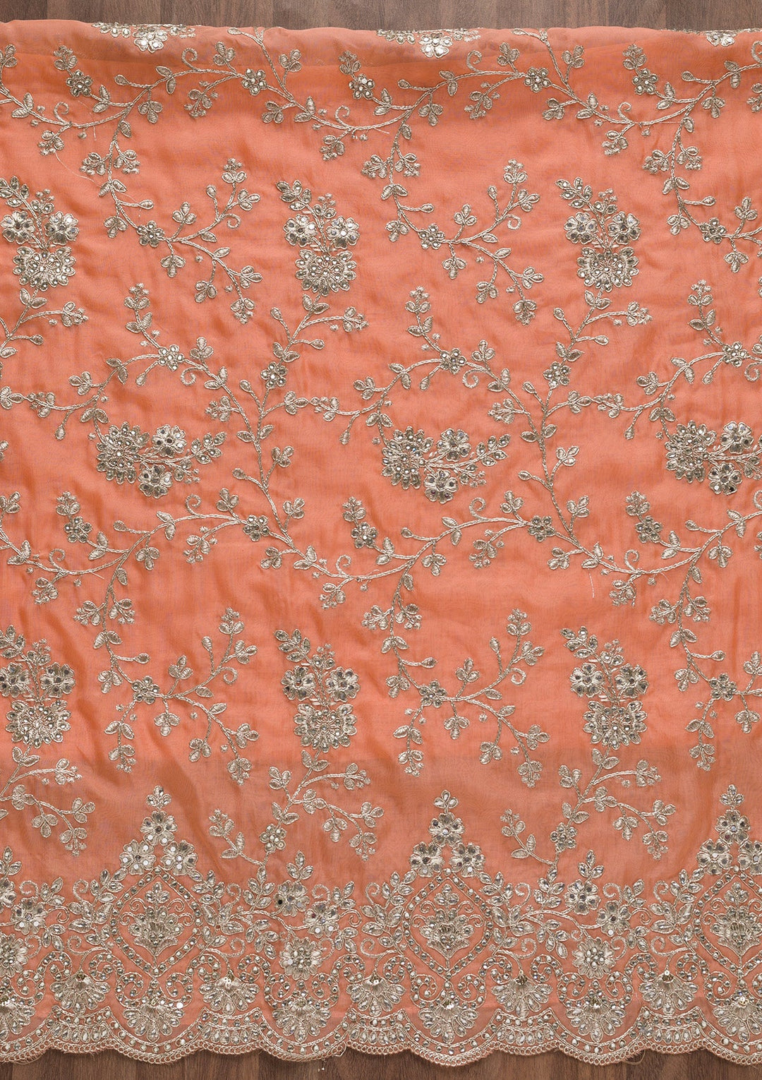 Peach Silver Zariwork Tissue Unstitched Salwar Suit-Koskii