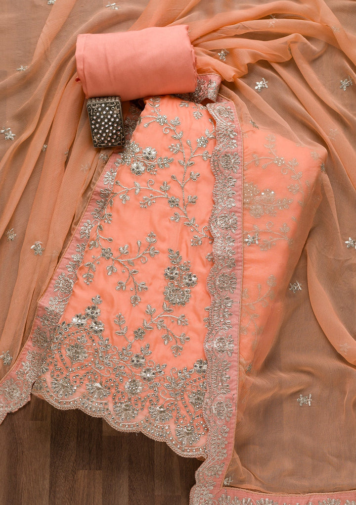 Peach Silver Zariwork Tissue Unstitched Salwar Suit-Koskii