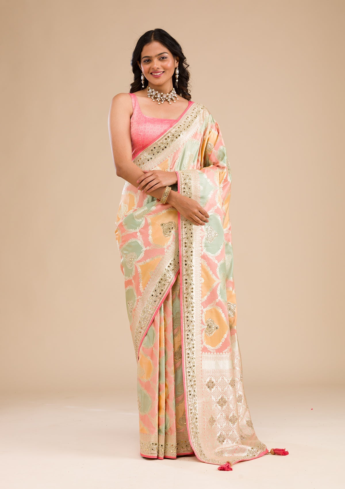 Peach Stonework Banarasi Silk Saree-Koskii