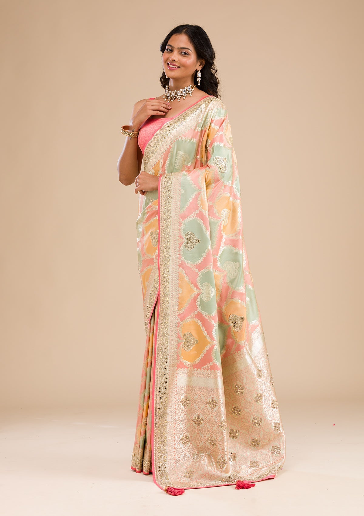 Peach Stonework Banarasi Silk Saree-Koskii