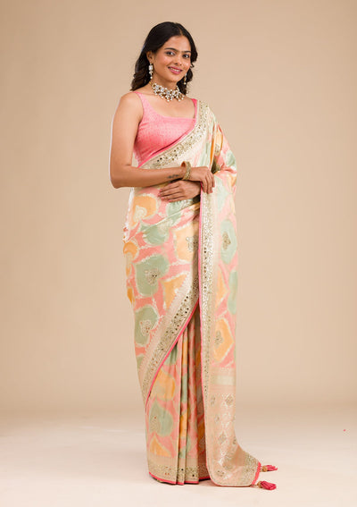 Peach Stonework Banarasi Silk Saree-Koskii