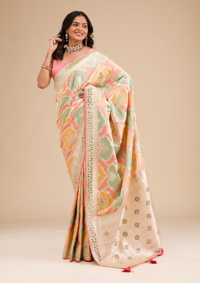 Peach Stonework Banarasi Silk Saree-Koskii