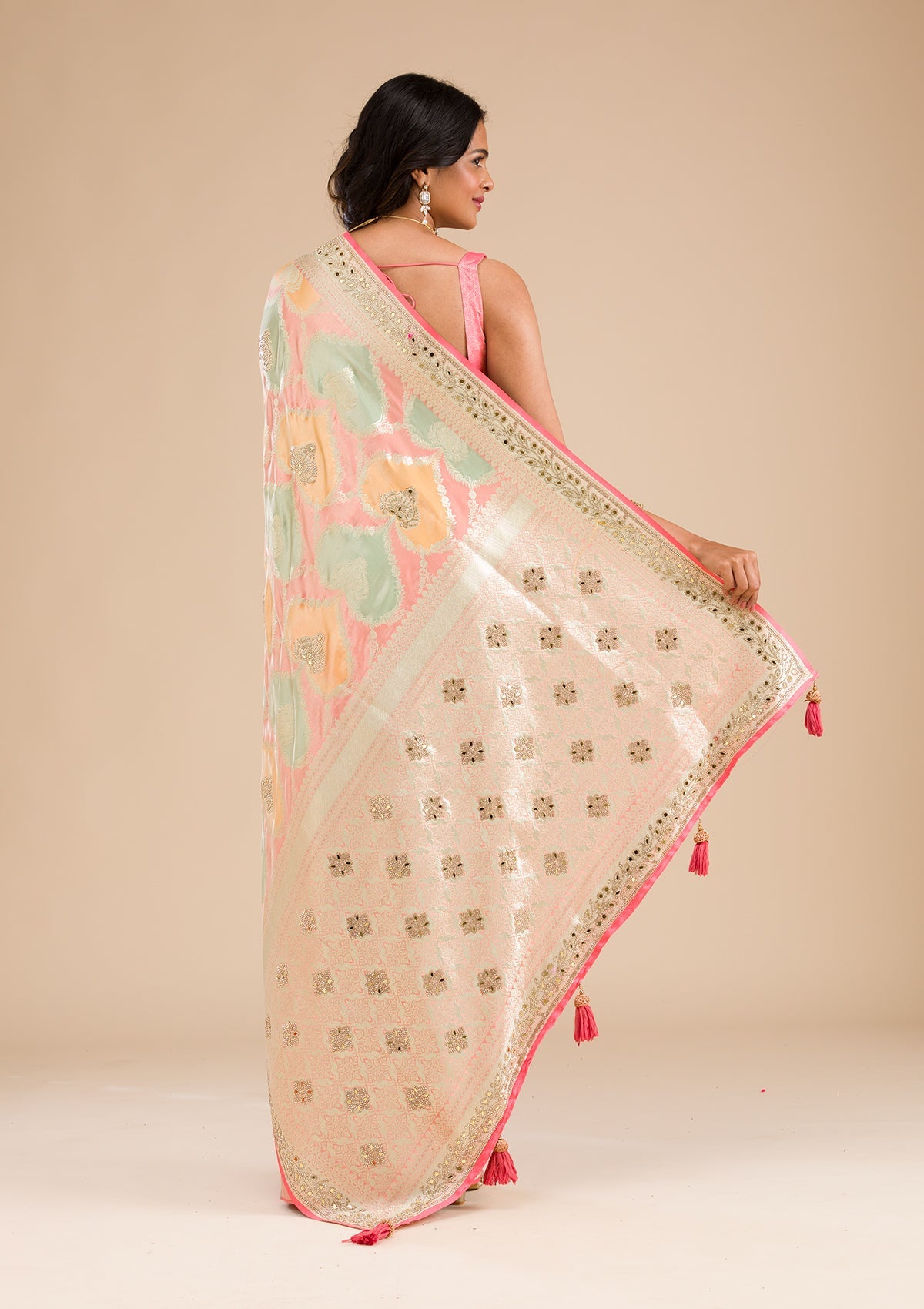 Peach Stonework Banarasi Silk Saree-Koskii