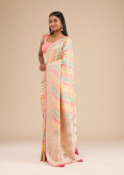 Peach Stonework Banarasi Silk Saree-Koskii