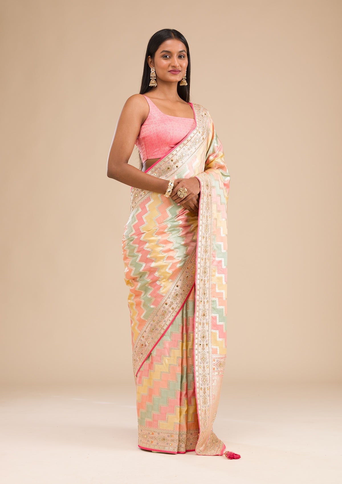 Peach Stonework Banarasi Silk Saree-Koskii