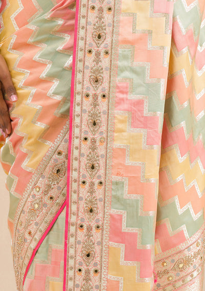 Peach Stonework Banarasi Silk Saree-Koskii